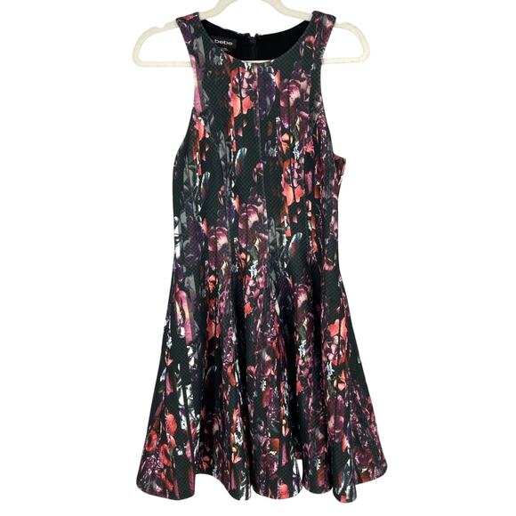 Bebe Dress Medium Black Multicolor Floral Grid Fit & Flare Sleeveless Party - Picture 1 of 15